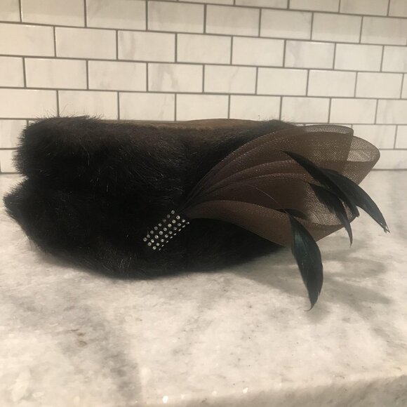 Vintage Donna Vinci Couture Hat Womens Fur Pill Box Feather Sequin Art Deco - Picture 3 of 10